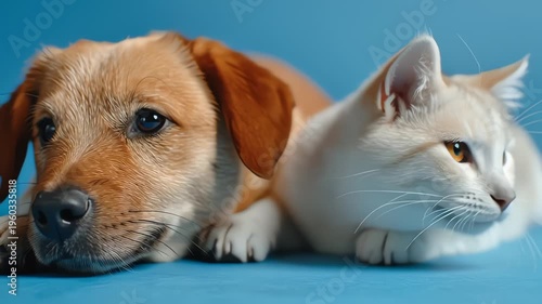 Adorable Puppy and Kitten Huddled Close on Blue Backdrop