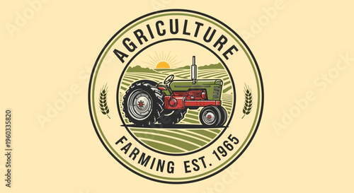 Vintage agricultural emblem showcasing a classic tractor cultivating fertile fields beneath a golden sunrise, perfect for heritage farming and sustainable rural enterprise branding