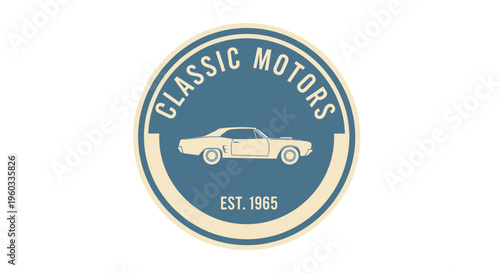 Retro automotive business emblem with classic car silhouette, vintage motors badge design. Blue and cream logo established 1965, ideal for car repair shops or enthusiast clubs