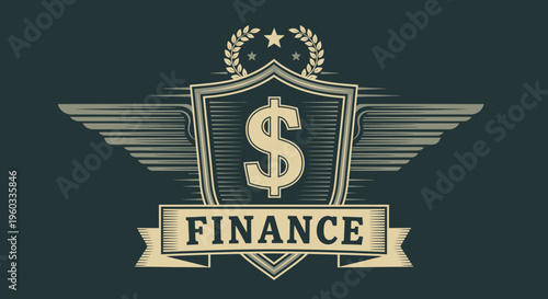 Retro Winged Shield Emblem with Dollar Sign and 'Finance' Banner for Financial Services and Business