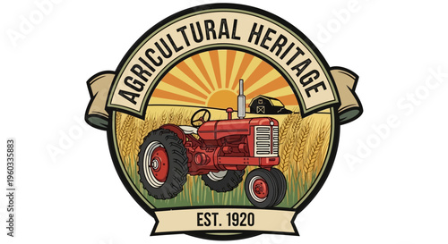 Retro agricultural heritage badge featuring a vintage red tractor in a golden wheat field under a sunburst, symbolizing farming history and rural tradition