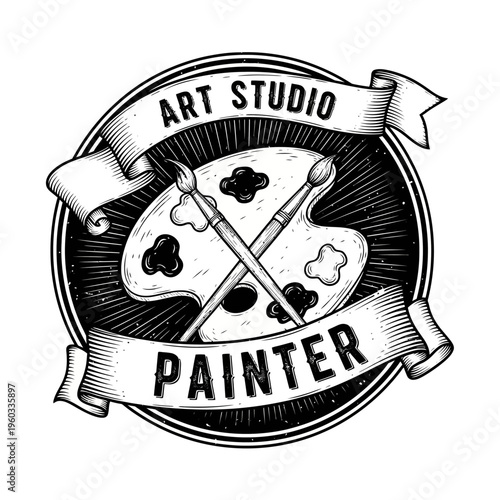 Hand-drawn vintage art studio emblem featuring a classic painter's palette with crossed brushes and elegant scroll banners, perfect for artistic branding and creative design projects