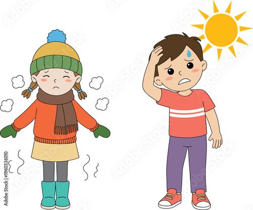 Vector, illustration, of, a, cold, shivering, girl, in, winter, clothes, and, a, hot, sweaty, boy, under, the, bright, summer, sun