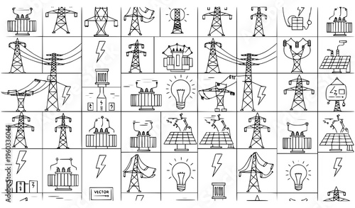 Electric grid energy power seamless pattern thin line vector illustration