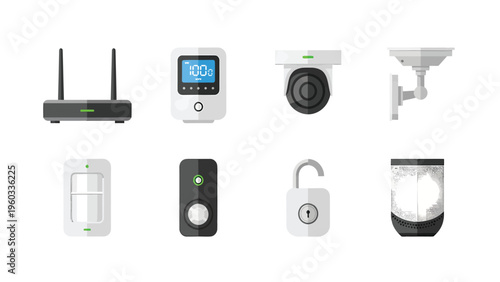 Smart Home Security Devices Set. Modern Flat Icons for Automation, Surveillance, and Digital Safety Systems.