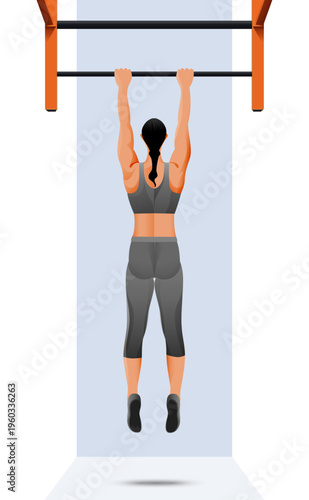 Athletic Woman Performing Pull-Ups on Horizontal Bar, Back View of Female Fitness Trainer Exercising on Gym Rig, Minimalist Flat Vector Illustration
