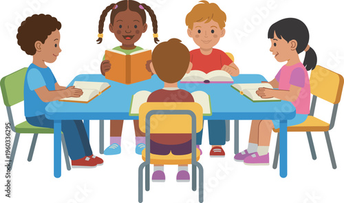 Vector, illustration, of, a, diverse, group, of, five, happy, children, sitting, at, a, table, and, reading, books, together, for, education