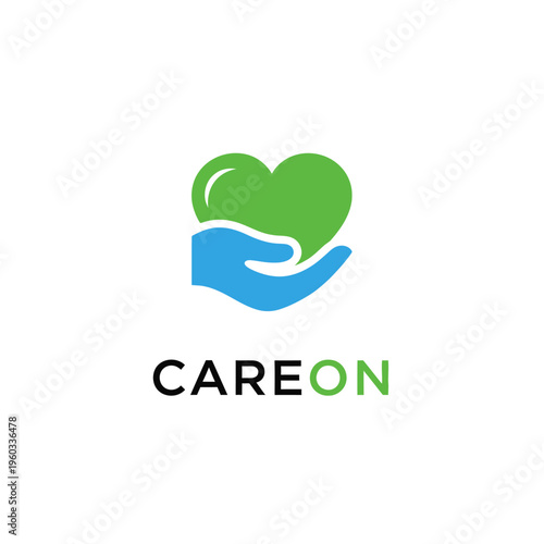 Minimalist green heart held in a caring blue hand with the text CARE ON below