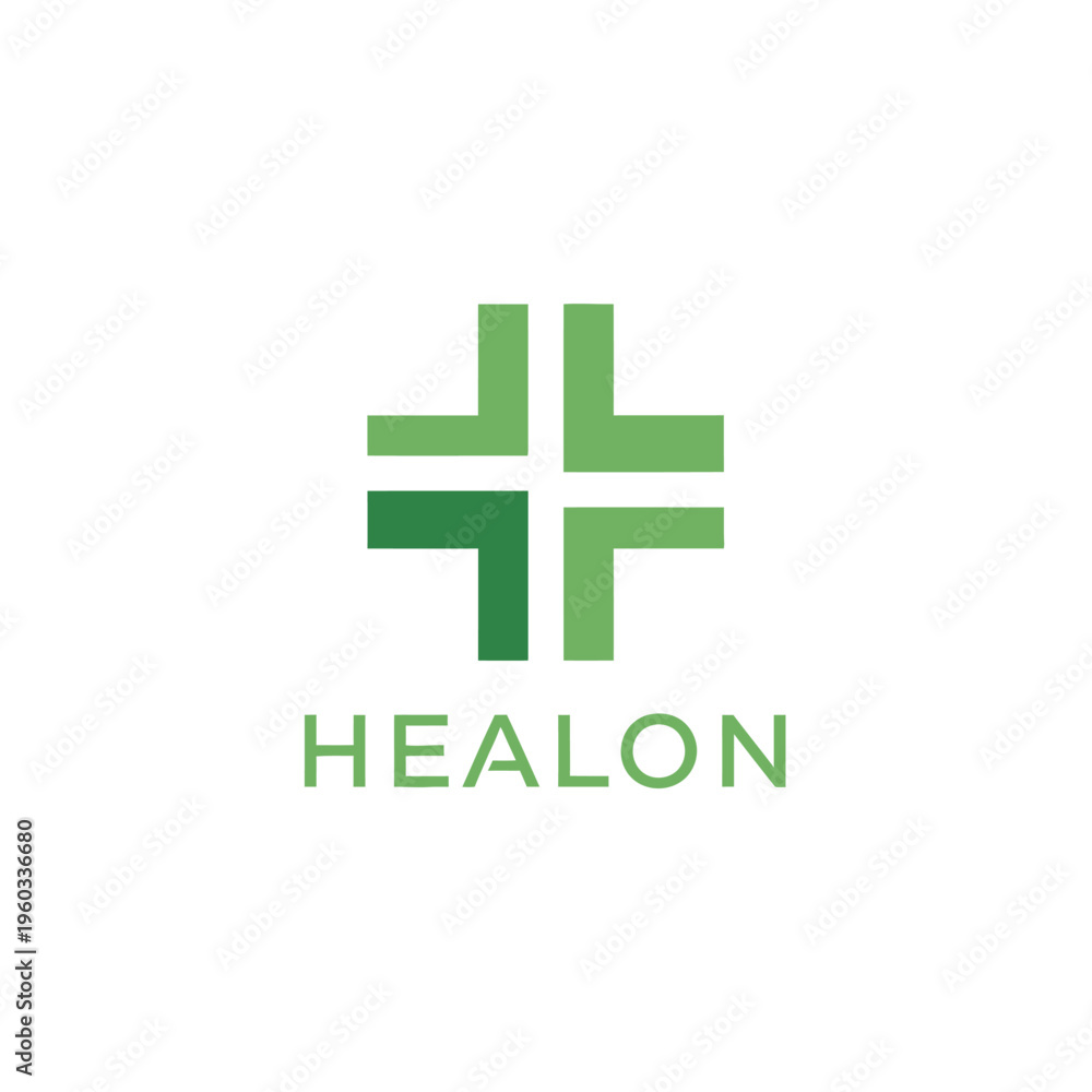 Obraz premium Modern green cross logo with text HEALON, representing health and wellness services, perfect for medical branding and healthcare solutions