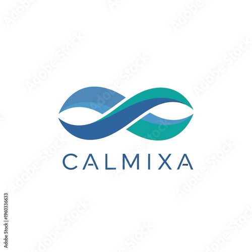Modern infinity logo design for a health and wellness brand, featuring calming blue and green hues and the word CALMIX A