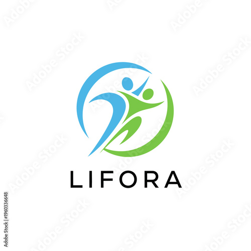Abstract depiction of two figures in motion within a circle, symbolizing health and vitality, with brand name LIFORA below