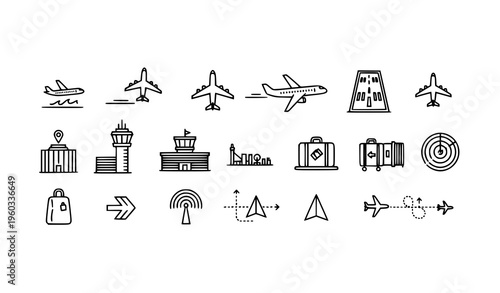 Airport Airplane Icon Row Vector Black Outline Aviation Symbols with Landing Takeoff and Top View for Web and Banner Design