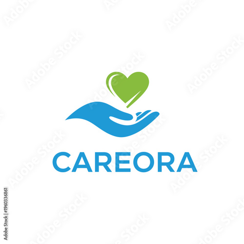 Minimalist vector logo featuring a gentle blue hand cradling a vibrant green heart, symbolizing compassion, wellness, and support for health-related initiatives and community care organizations