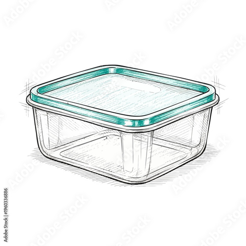 Hand-drawn illustration of a clear plastic food container with a turquoise lid
