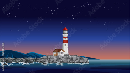 Red and White Lighthouse on Rocky Coast Under Starry Night Sky