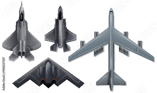 Top View Vector Illustration of Modern Military Fighter Jets and Bombers