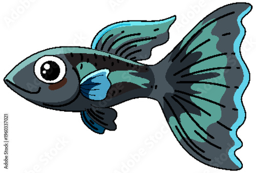 Cute Blue and Grey Guppy Fish Vector Illustration on White Background