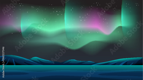 Vibrant Aurora Borealis Over Dark Mountain Landscape Vector Illustration