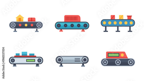 Conveyor Belt Icons Set. Flat Vector Illustrations of Automated Production, Logistics, and Factory Systems.