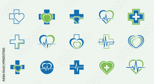 Set of medical and healthcare logo icons with hearts crosses and ecg pulse symbols