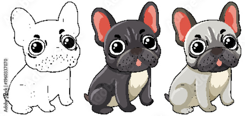 Cute French Bulldog Cartoon Vector Set in Three Different Color Variations