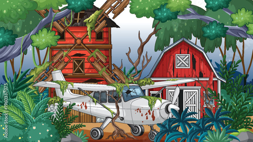 Abandoned Airplane Crash in Overgrown Jungle Farmyard