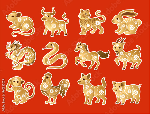 Twelve Golden Chinese Zodiac Animal Icons on a Red Background