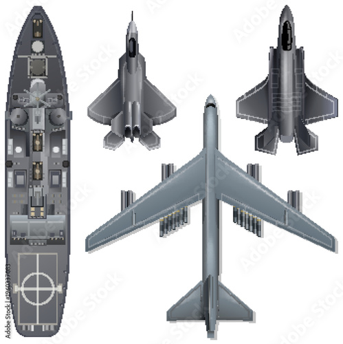 Top View Vector Illustration of Military Warship and Strategic Aircraft