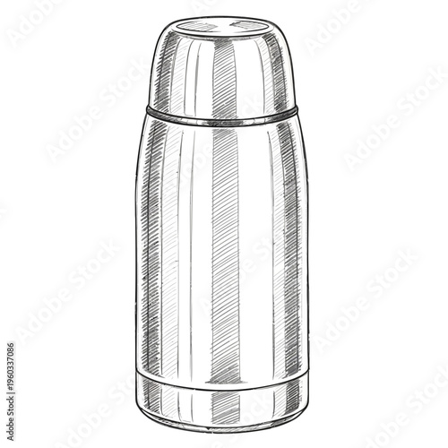 Hand-drawn sketch of a metallic thermos flask