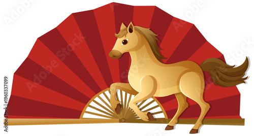 Chinese Zodiac Horse Vector Illustration with Red Folding Hand Fan
