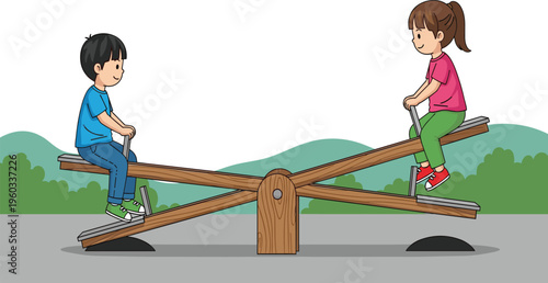 Vector, illustration, of, a, happy, young, boy, and, girl, playing, together, on, a, wooden, seesaw, at, a, playground, park