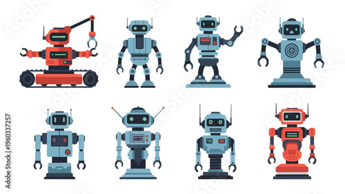 Set of Cartoon Robots. Diverse Flat Design Droids for AI, Technology, and Automation Concepts