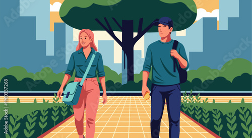 Vector illustration of a young couple walking in a park, a beautiful sunny day with trees and buildings in the background