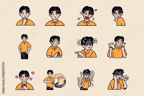 A set of cartoon character illustrations featuring a young man in various emotional expressions and daily life scenarios. Each pose captures a different mood—such as happiness, love, nervousness, surp