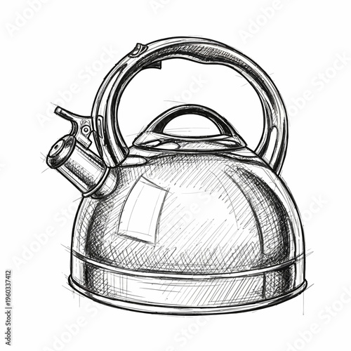 Sketch of a classic stainless steel whistling kettle on a white background