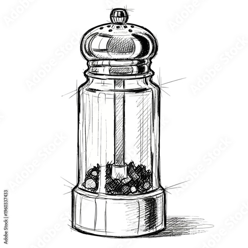 Sketch of a glass pepper mill with peppercorns