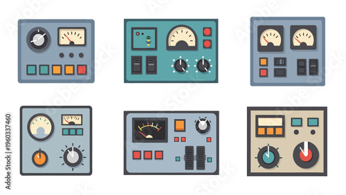 Vector Retro Control Panels Set. Electronic, Industrial & Scientific Interface Elements with Dials, Gauges, Buttons, and Switches.