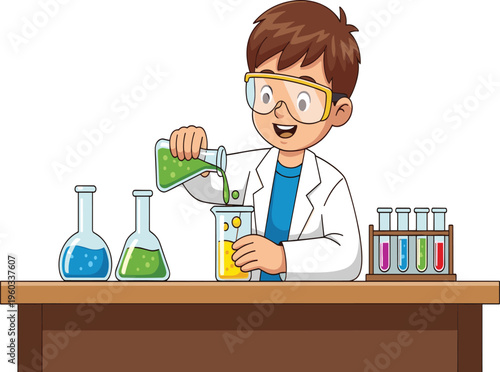 Vector, illustration, of, a, happy, young, boy, scientist, wearing, a, lab, coat, and, goggles, mixing, colorful, chemicals, in, beakers