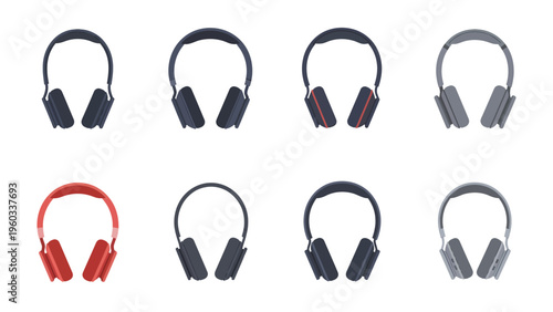Minimalist Wireless Over-Ear Headphones Set in Multiple Colors, Flat Design Style