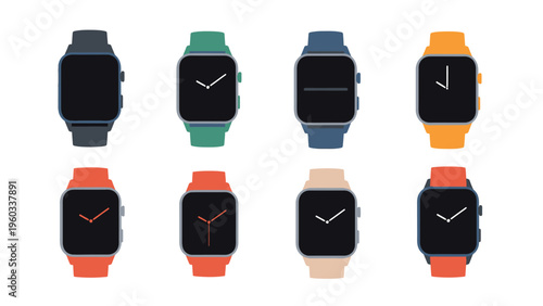 Set of diverse smartwatches in flat design. Modern digital wrist devices with various colorful bands on a clean white background.