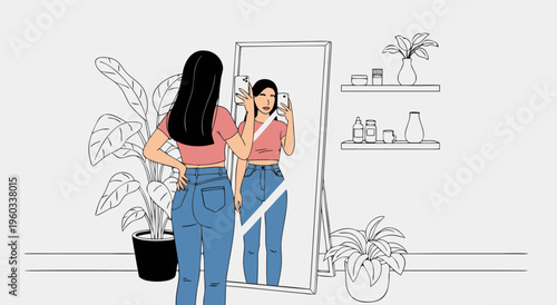 Stylish young woman looking in mirror, vector illustration of self-care and personal style