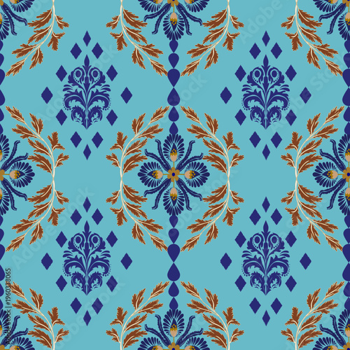 Elegant vintage floral seamless pattern with damask ornaments and decorative leaves in classic style for textile and wallpaper design.