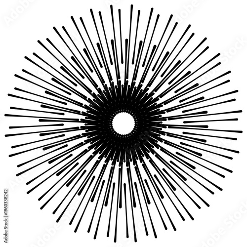 abstract sunburst design featuring radial black lines forming a circular burst pattern on a clean white background. This minimalist geometric illustration creates a dynamic sense of motion and energy,