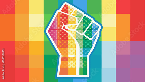 A stylized clenched fist symbol representing equality and pride with a vibrant rainbow background Vector