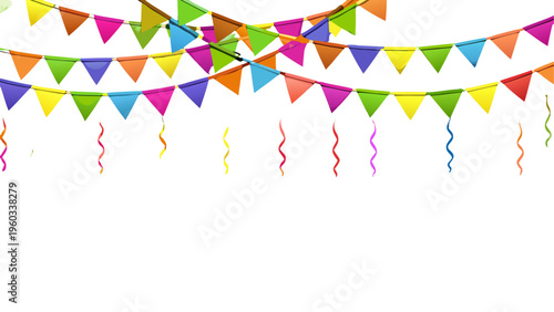 Multicolor triangular pennant bunting flags decorated with hanging colorful curling party ribbons Vector