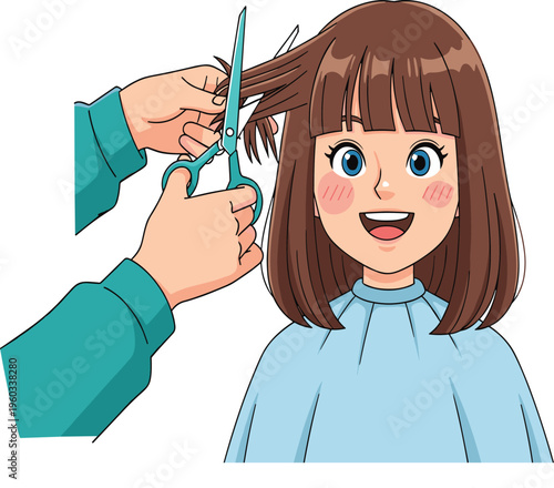 Vector, illustration, of, a, happy, young, girl, getting, a, haircut, from, a, professional, hairstylist, in, a, beauty, salon, shop