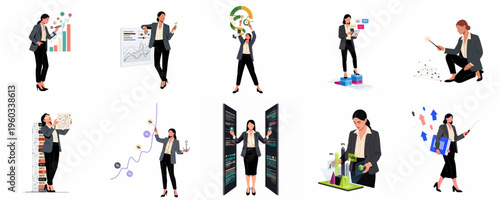 Collection of businesswomen interacting with data charts, financial graphs, and server technology for analysis and corporate presentation.