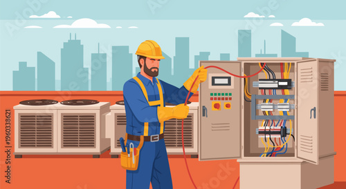 Skilled electrician working on electrical panel in urban setting - vector illustration for industry and technology