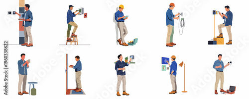 Flat illustration collection of a professional handyman installing smart home technology, including control panels, thermostats, and security systems.