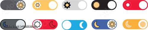 Vector illustration icon black icons of Light and Dark Mode Toggle Switch Icon Set. Sun and Moon UI Theme Switch Design Icons. day and night mode adjustment buttons vector illustration, brightness